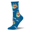 Deep blue crew socks featuring a pattern of owls wearing glasses and green blankets reading books among clouds and stars.