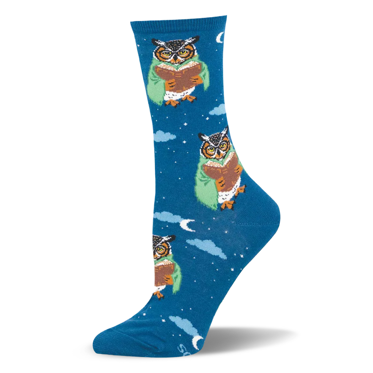 Deep blue crew socks featuring a pattern of owls wearing glasses and green blankets reading books among clouds and stars.