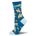 Teal crew sock patterned with capybaras swimming, carrying baby capybaras, birds, pink flowers, and orange slices.