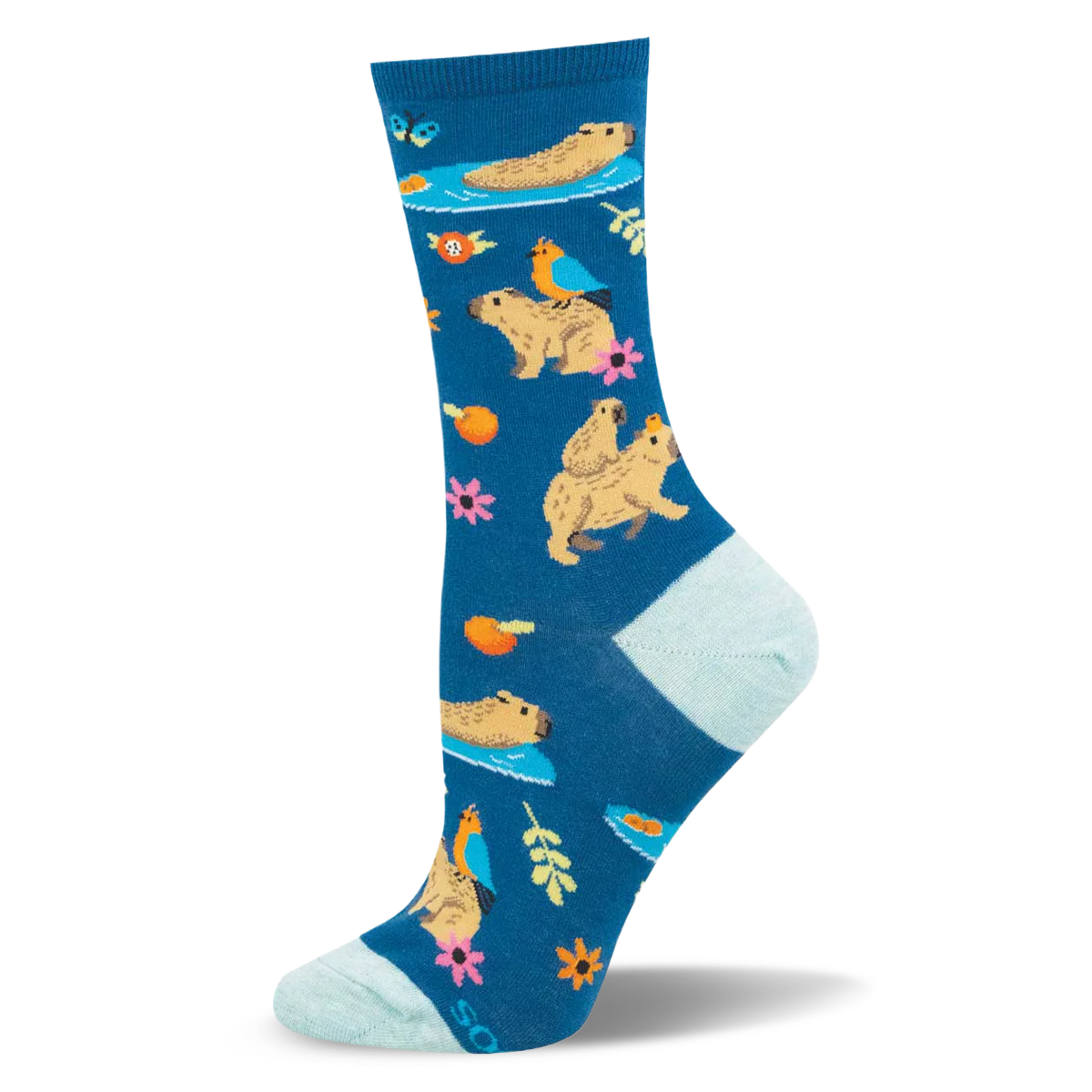 Teal crew sock patterned with capybaras swimming, carrying baby capybaras, birds, pink flowers, and orange slices.
