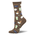 Brown crew sock showing a pattern of iced matcha lattes, cast iron teapots, mugs, bamboo whisks, and green tea leaves.