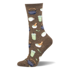 Brown crew sock showing a pattern of iced matcha lattes, cast iron teapots, mugs, bamboo whisks, and green tea leaves.