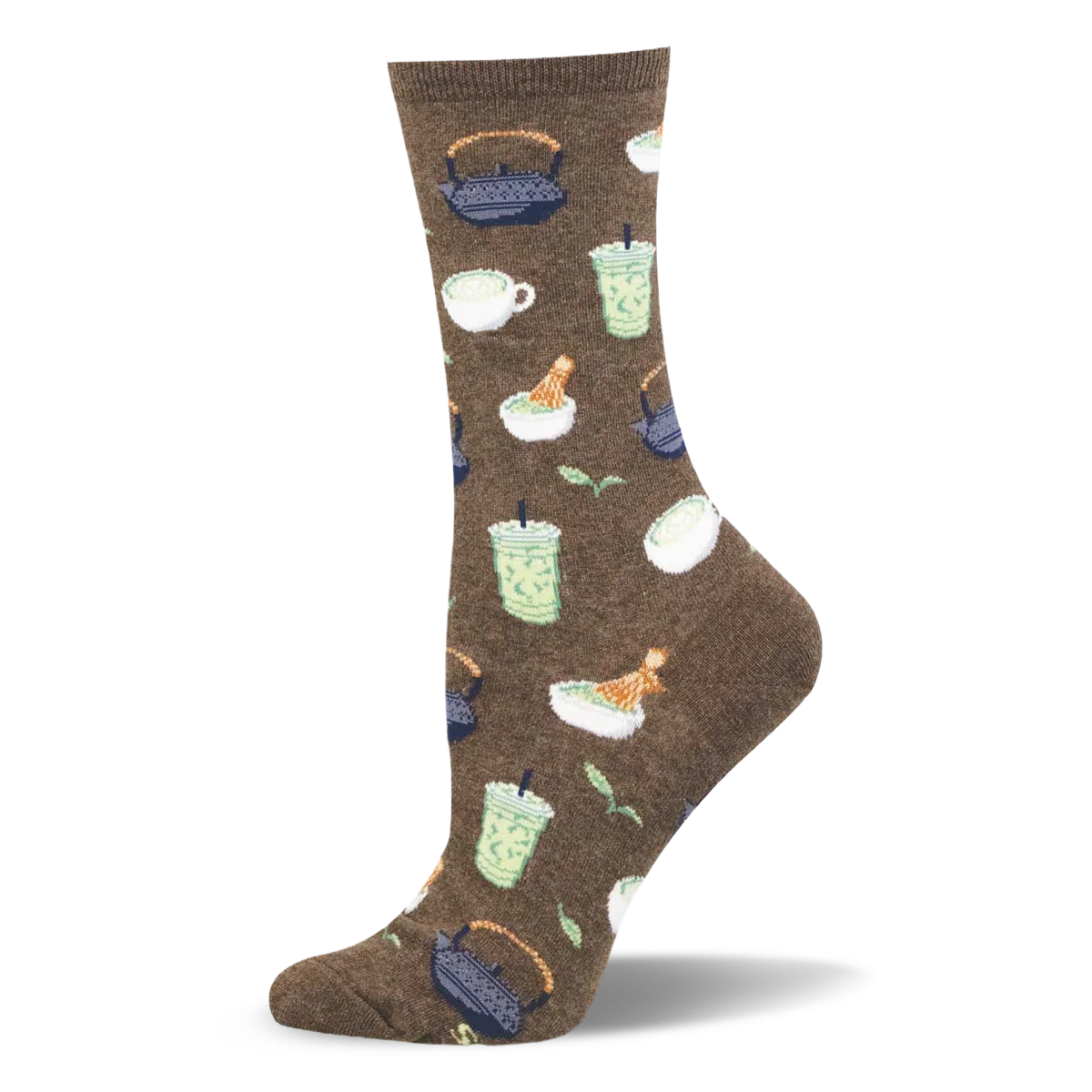Brown crew sock showing a pattern of iced matcha lattes, cast iron teapots, mugs, bamboo whisks, and green tea leaves.