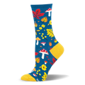 Teal crew sock with a woodland pattern of red spotted mushrooms, yellow leaves, and acorns, featuring a yellow heel and toe.