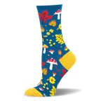 Teal crew sock with a woodland pattern of red spotted mushrooms, yellow leaves, and acorns, featuring a yellow heel and toe.