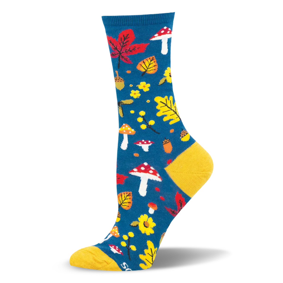 Teal crew sock with a woodland pattern of red spotted mushrooms, yellow leaves, and acorns, featuring a yellow heel and toe.