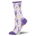 Light purple crew sock featuring bunches of lavender tied with yellow ribbons, scattered petals, and dark purple trim.