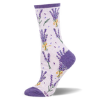Light purple crew sock featuring bunches of lavender tied with yellow ribbons, scattered petals, and dark purple trim.