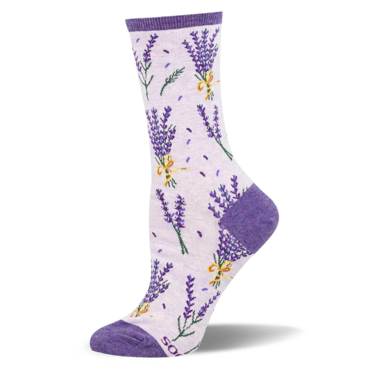 Light purple crew sock featuring bunches of lavender tied with yellow ribbons, scattered petals, and dark purple trim.