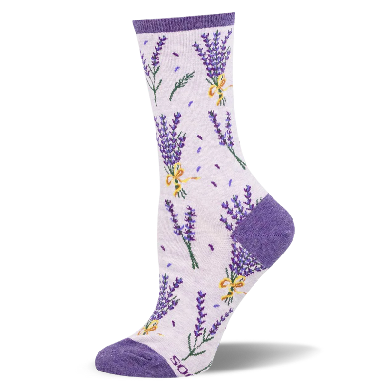 Light purple crew sock featuring bunches of lavender tied with yellow ribbons, scattered petals, and dark purple trim.