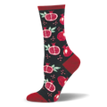Black crew socks featuring a pattern of whole red pomegranates, halved pomegranates with seeds, and matching red heels.