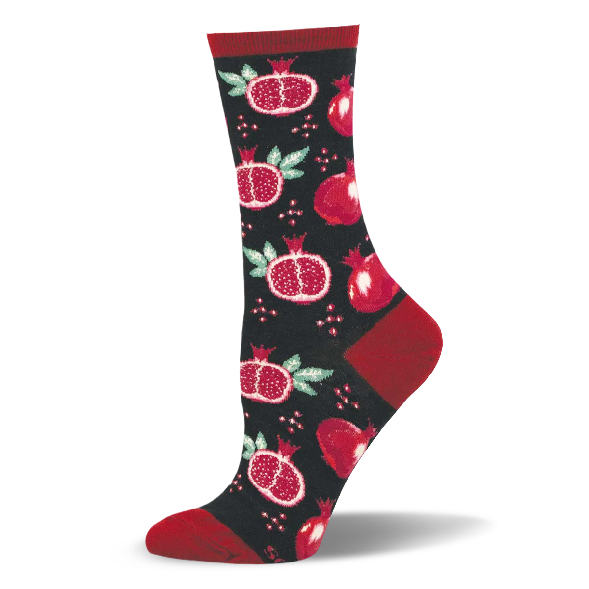 Black crew socks featuring a pattern of whole red pomegranates, halved pomegranates with seeds, and matching red heels.