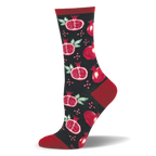 Black crew socks featuring a pattern of whole red pomegranates, halved pomegranates with seeds, and matching red heels.