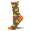 Heather brown crew sock showing paired orange persimmons with green leaves, fruit slices, and a bright orange heel and toe.
