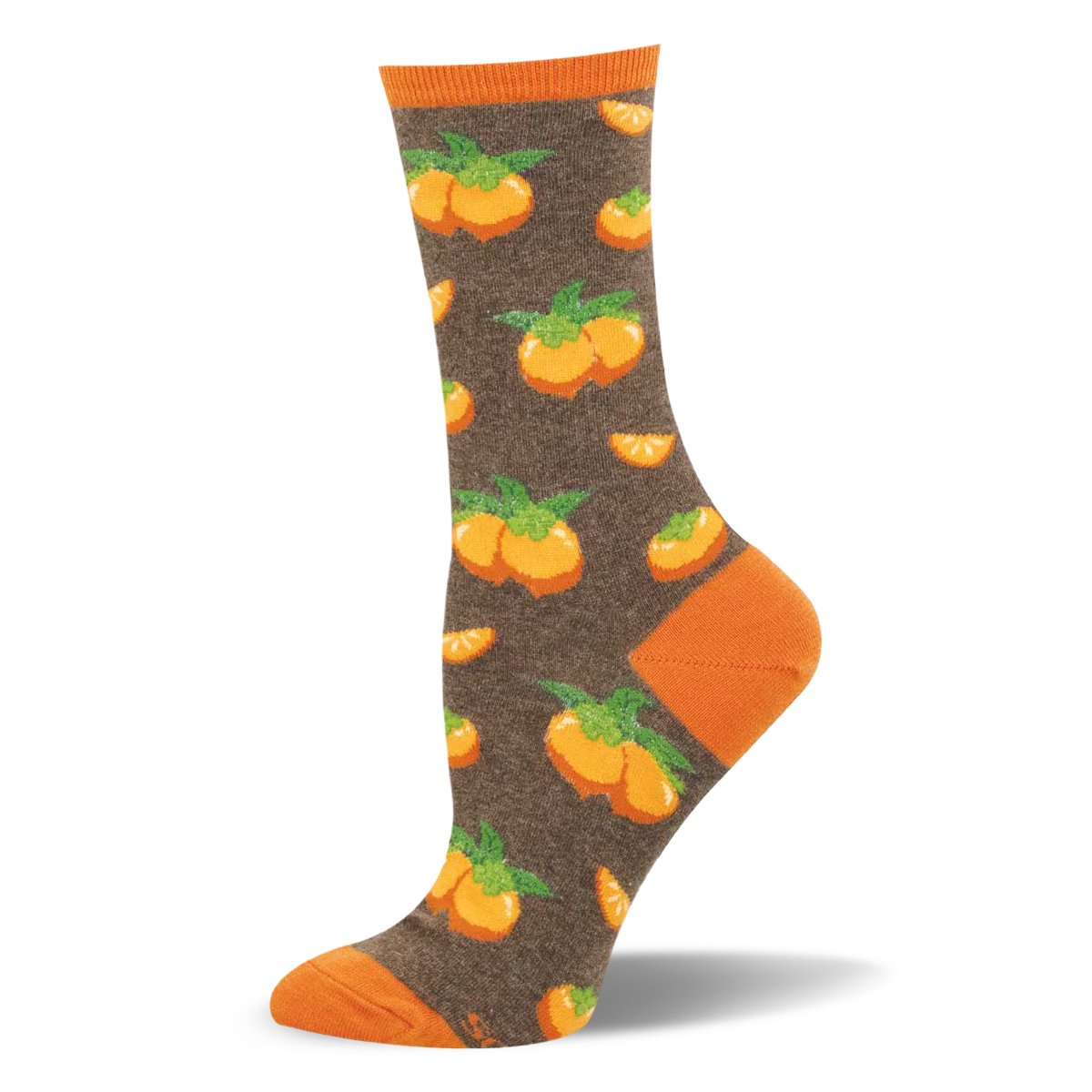 Heather brown crew sock showing paired orange persimmons with green leaves, fruit slices, and a bright orange heel and toe.
