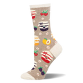 Taupe crew sock featuring jars of jam, fresh berries, fruit halves, and small white blossoms, plus a cream heel and toe.