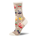 Taupe crew sock featuring jars of jam, fresh berries, fruit halves, and small white blossoms, plus a cream heel and toe.