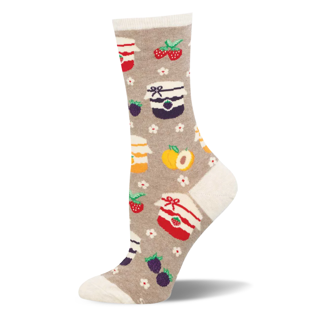 Taupe crew sock featuring jars of jam, fresh berries, fruit halves, and small white blossoms, plus a cream heel and toe.