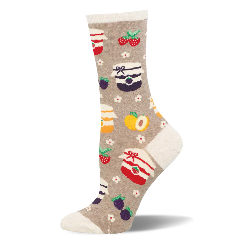 Taupe crew sock featuring jars of jam, fresh berries, fruit halves, and small white blossoms, plus a cream heel and toe.