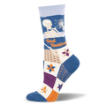 Crew sock with a skeleton looking at a phone and orange Bed Rotting text above a multi-colored patchwork quilt pattern.