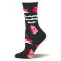 Black crew sock reading Probably Reading Smut. Design shows pink books, flames, chili peppers, and small hearts.