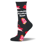 Black crew sock reading Probably Reading Smut. Design shows pink books, flames, chili peppers, and small hearts.