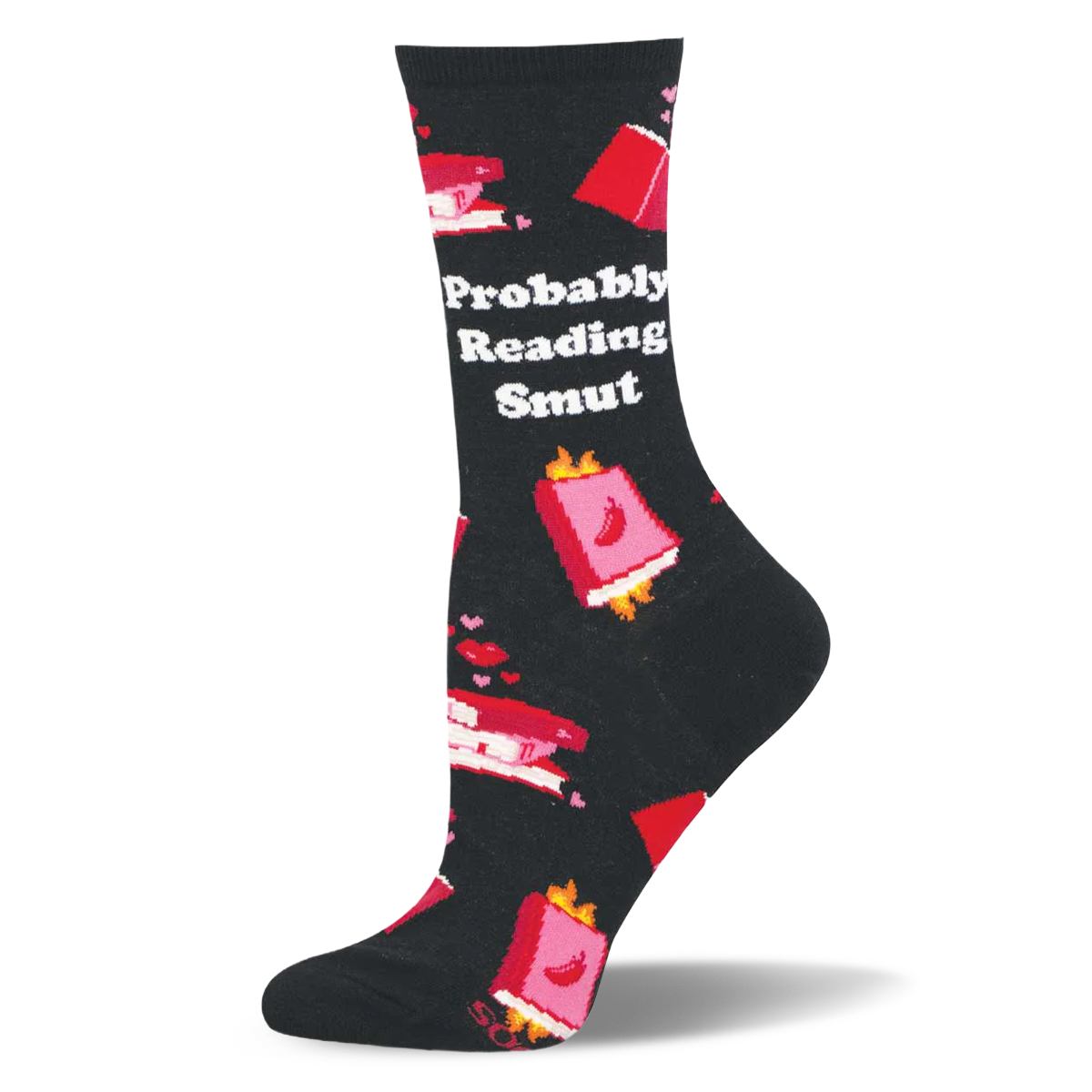 Black crew sock reading Probably Reading Smut. Design shows pink books, flames, chili peppers, and small hearts.