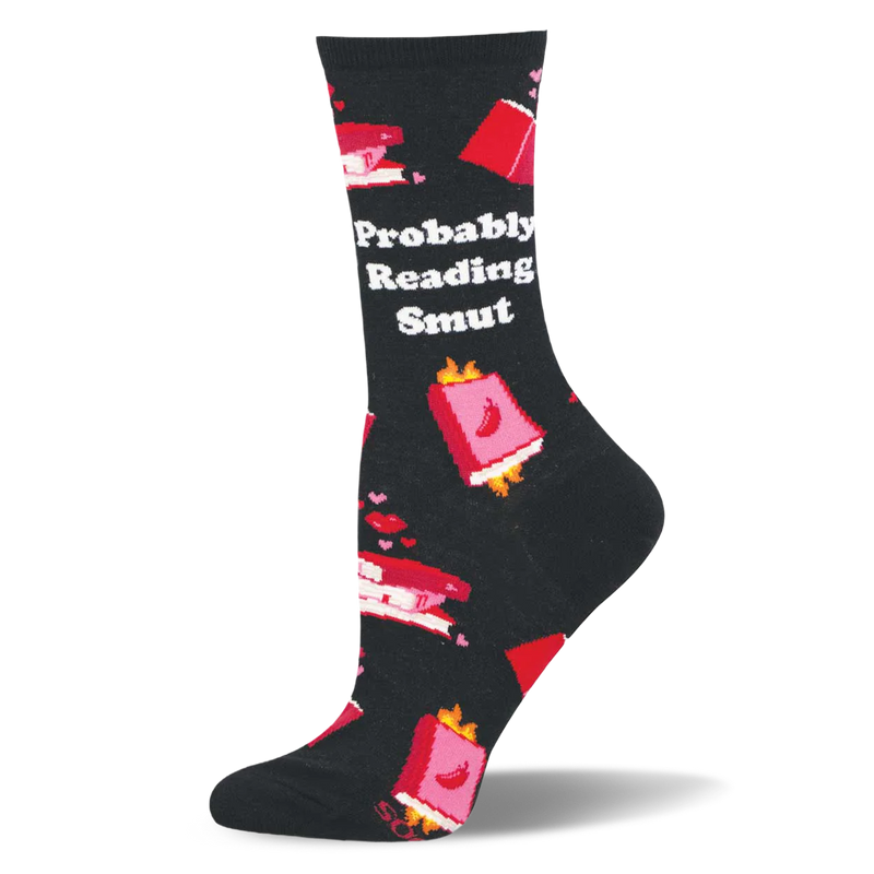 Black crew sock reading Probably Reading Smut. Design shows pink books, flames, chili peppers, and small hearts.