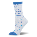 Light grey crew sock with blue teardrops, scalloped blue cuff and toe, and I CRY A LOT text in blue letters.