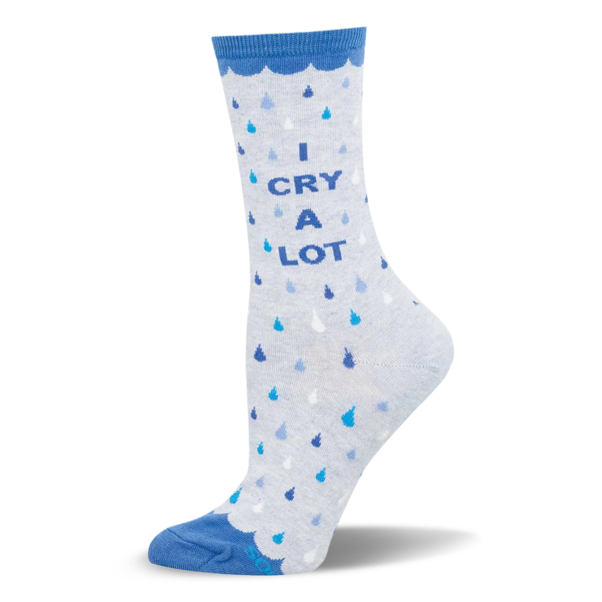 Light grey crew sock with blue teardrops, scalloped blue cuff and toe, and I CRY A LOT text in blue letters.