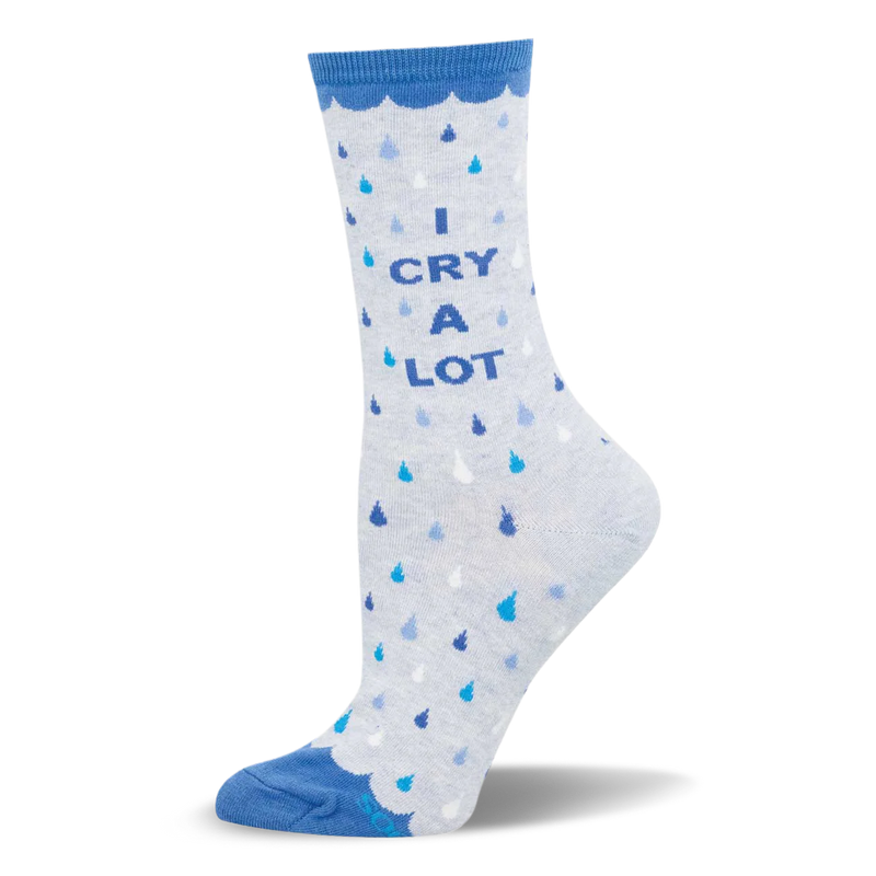 Light grey crew sock with blue teardrops, scalloped blue cuff and toe, and I CRY A LOT text in blue letters.
