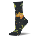 Black sock featuring an orange and green triceratops dinosaur surrounded by green fern leaves and small colored dots.