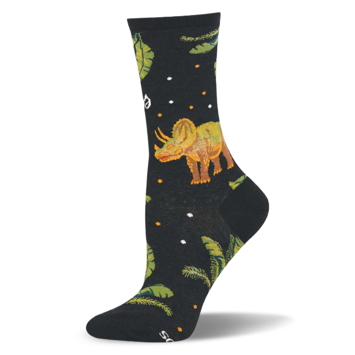 Black sock featuring an orange and green triceratops dinosaur surrounded by green fern leaves and small colored dots.