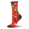 Bright red crew sock featuring a large green T-Rex, white dinosaur bones, dark claw prints, and a brown heel and toe.
