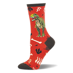 Bright red crew sock featuring a large green T-Rex, white dinosaur bones, dark claw prints, and a brown heel and toe.