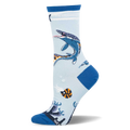 Light blue crew sock showing a swimming dark blue Mosasaurus, an orange ammonite, bubbles, and dark blue heel.