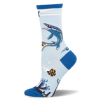 Light blue crew sock showing a swimming dark blue Mosasaurus, an orange ammonite, bubbles, and dark blue heel.