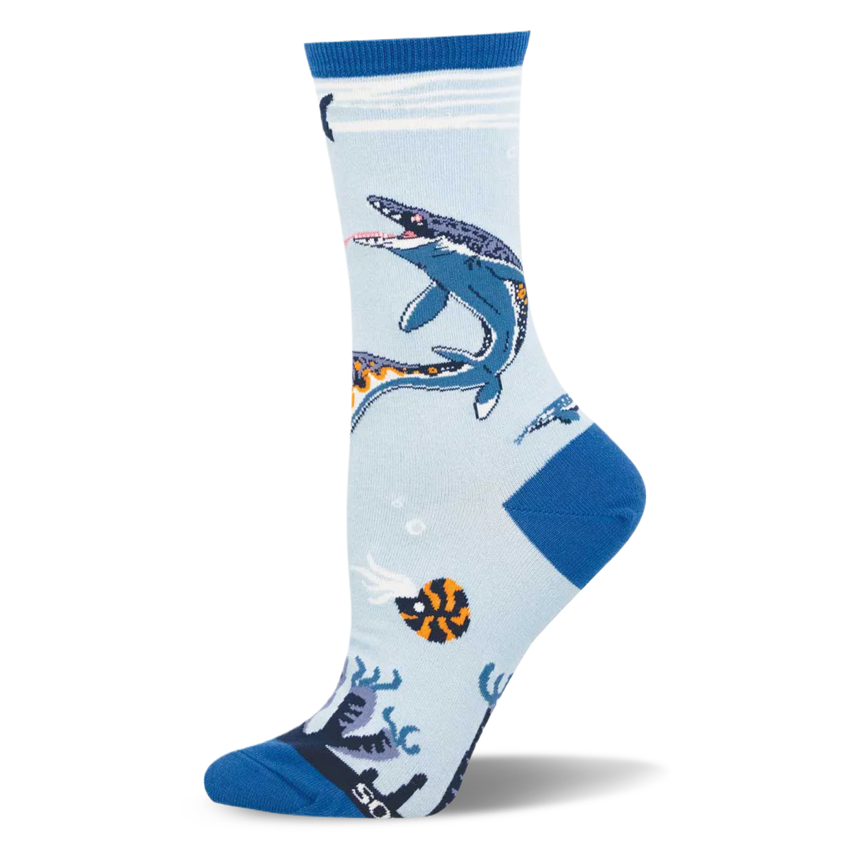 Light blue crew sock showing a swimming dark blue Mosasaurus, an orange ammonite, bubbles, and dark blue heel.