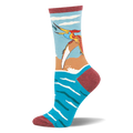 Light blue sock showing a Pteranodon catching a fish over ocean waves, finished with a reddish-brown toe and heel.