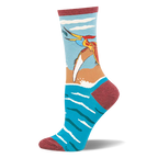Light blue sock showing a Pteranodon catching a fish over ocean waves, finished with a reddish-brown toe and heel.