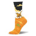 Crew sock featuring a yellow velociraptor walking across a white background above an orange desert with green cacti.