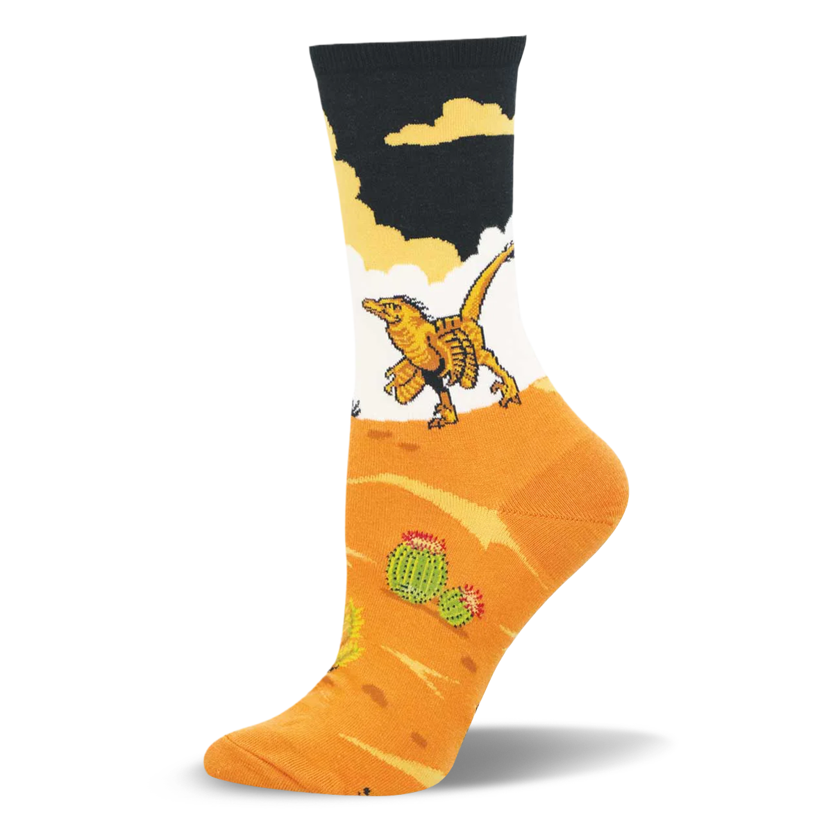 Crew sock featuring a yellow velociraptor walking across a white background above an orange desert with green cacti.