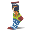 Crew sock featuring a brown Brontosaurus in a green field by a blue river, finished with a dark maroon toe, heel, and cuff.