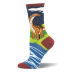 Crew sock featuring a brown Brontosaurus in a green field by a blue river, finished with a dark maroon toe, heel, and cuff.