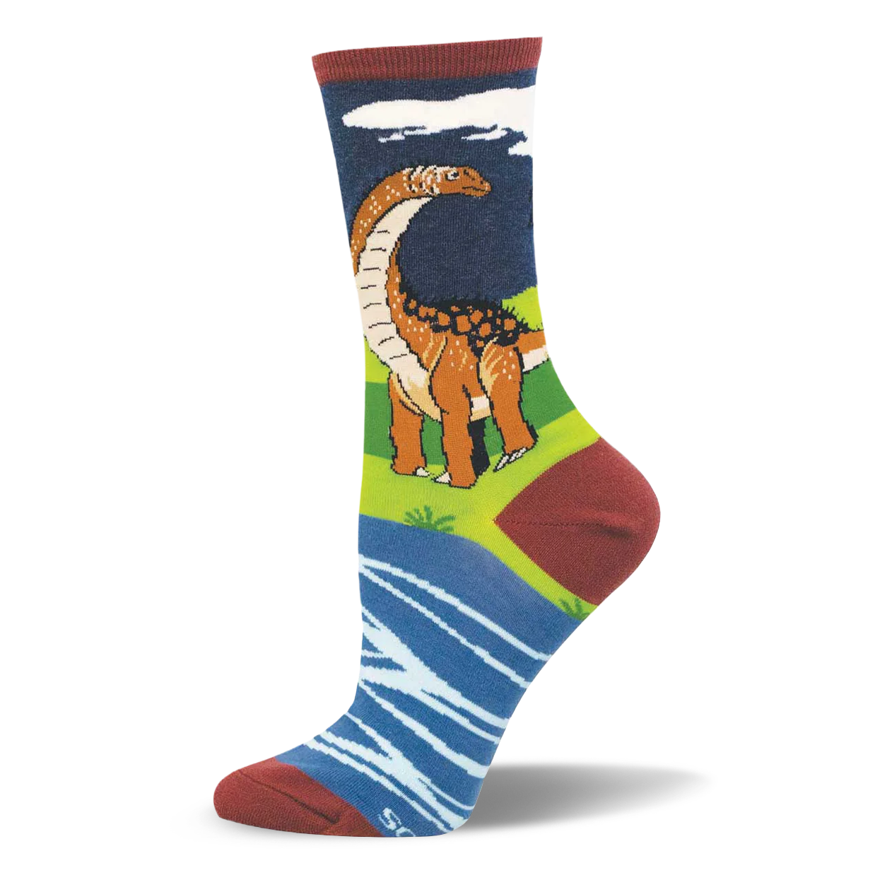Crew sock featuring a brown Brontosaurus in a green field by a blue river, finished with a dark maroon toe, heel, and cuff.