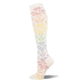 Cream knee-high sock showing a dotted floral lace pattern that shifts through a rainbow gradient from pink down to purple.