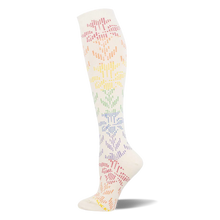 Cream knee-high sock showing a dotted floral lace pattern that shifts through a rainbow gradient from pink down to purple.
