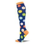Dark blue knee-high sock with an orange cuff, heel, and toe, covered in a retro pattern of bright, multi-colored daisies.