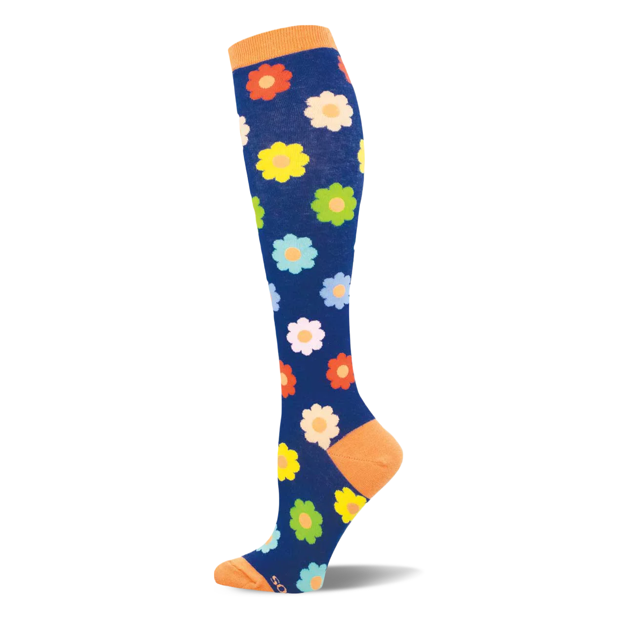 Dark blue knee-high sock with an orange cuff, heel, and toe, covered in a retro pattern of bright, multi-colored daisies.