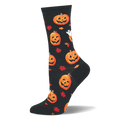 Black crew sock with a pixelated pattern of smiling orange jack-o'-lanterns, red autumn leaves, and a tiny white ghost.